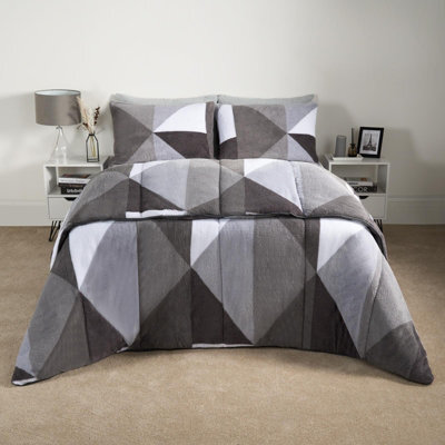 OHS Geometric Teddy Fleece Coverless Duvet Bedding Set 10.5 Tog, Grey - Double - image 1