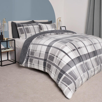OHS Teddy Fleece Duvet Cover Set Pillowcase Bedding Check, Charcoal - King - image 1