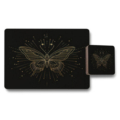 Benjamin Tate Design Butterfly Gold Designer Placemats And Coasters Set With Wood Base Limited Edition - image 1