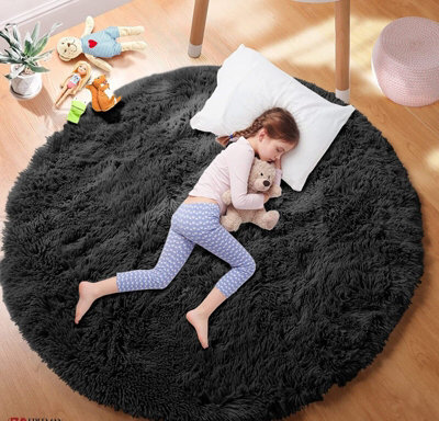 Ameha Non Slip Soft Shaggy Fluffy Rug Round Area Black Plain Rugs Living Room Bedroom Mat, 120X120 Cm - image 1