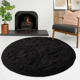 Ameha Non Slip Soft Shaggy Fluffy Rug Round Area Black Plain Rugs Living Room Bedroom Mat, 120X120 Cm - thumbnail 4