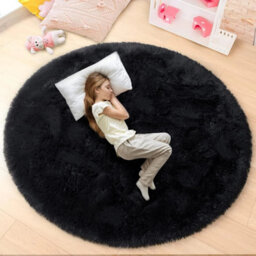 Ameha Non Slip Soft Shaggy Fluffy Rug Round Area Black Plain Rugs Living Room Bedroom Mat, 120X120 Cm - thumbnail 5