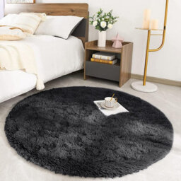 Ameha Non Slip Soft Shaggy Fluffy Rug Round Area Black Plain Rugs Living Room Bedroom Mat, 120X120 Cm - thumbnail 2