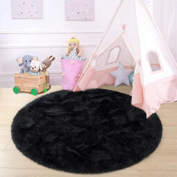 Ameha Non Slip Soft Shaggy Fluffy Rug Round Area Black Plain Rugs Living Room Bedroom Mat, 120X120 Cm - thumbnail 3