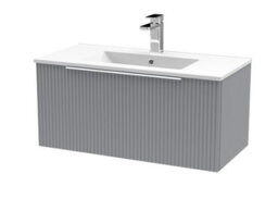 Hudson Reed Fluted Wall Hung 1-Drawer Vanity And Minimalist Basin, Contemporary Sink Vanity Unit, Satin Grey, 800mm - thumbnail 1