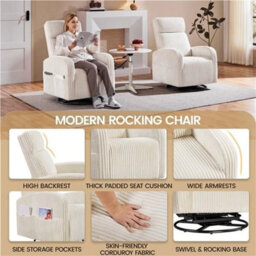 Beige Corduroy 360 Swivel Nursery Gliding Rocker Chair For Nursery Room - thumbnail 3