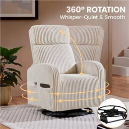 Beige Corduroy 360 Swivel Nursery Gliding Rocker Chair For Nursery Room - thumbnail 6