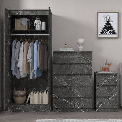 Zita Grey Marble Effect 3 Piece Set - 2 Door Wardrobe, 5 Drawer Chest & 3 Drawer Bedside, Stylish Bedroom Storage - image 1