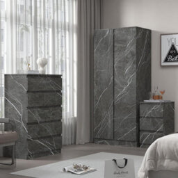 Zita Grey Marble Effect 3 Piece Set - 2 Door Wardrobe, 5 Drawer Chest & 3 Drawer Bedside, Stylish Bedroom Storage - thumbnail 2