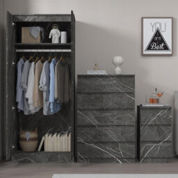 Zita Grey Marble Effect 3 Piece Set - 2 Door Wardrobe, 5 Drawer Chest & 3 Drawer Bedside, Stylish Bedroom Storage - thumbnail 4