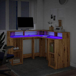 Berkfield Desk With Led Lights Artisian Oak 130X130X91 Cm Engineered Wood - thumbnail 5