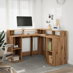 Berkfield Desk With Led Lights Artisian Oak 130X130X91 Cm Engineered Wood - thumbnail 4