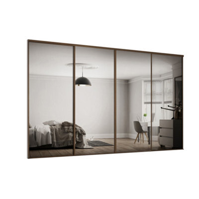 Spacepro Classic 1 Panel Mirrored Carini Walnut Effect Framed Sliding Wardrobe Door Set Of 4 (H)2220mm (W)2978mm - image 1