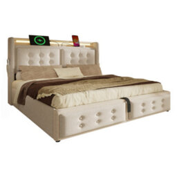 Btm 5Ft King Upholstered Bed, Hydraulic Storage, Led Headboard With Usb  And Type C Charging, Device Shelf, Linen Beige - thumbnail 9