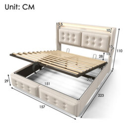 Btm 5Ft King Upholstered Bed, Hydraulic Storage, Led Headboard With Usb  And Type C Charging, Device Shelf, Linen Beige - thumbnail 2