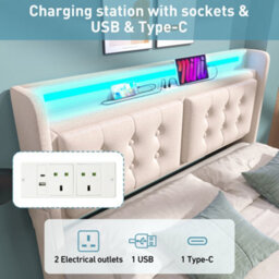 Btm 5Ft King Upholstered Bed, Hydraulic Storage, Led Headboard With Usb  And Type C Charging, Device Shelf, Linen Beige - thumbnail 4