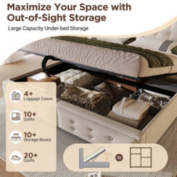 Btm 5Ft King Upholstered Bed, Hydraulic Storage, Led Headboard With Usb  And Type C Charging, Device Shelf, Linen Beige - thumbnail 5