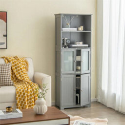 Wood Tall Storage Cabinet 2 Doors Display Organizer Freestanding - thumbnail 3