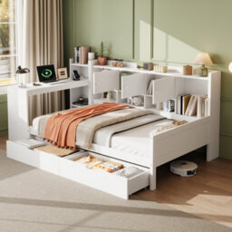 Matteo 3Ft Single Daybed With Bookcase, Storage Drawers, Integrated Desk & Charging Station - White Wood Frame - thumbnail 1