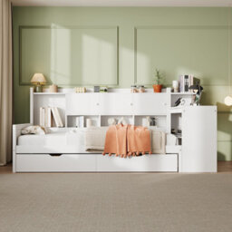 Matteo 3Ft Single Daybed With Bookcase, Storage Drawers, Integrated Desk & Charging Station - White Wood Frame - thumbnail 4