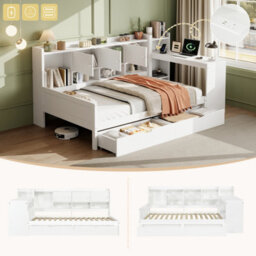 Matteo 3Ft Single Daybed With Bookcase, Storage Drawers, Integrated Desk & Charging Station - White Wood Frame - thumbnail 2