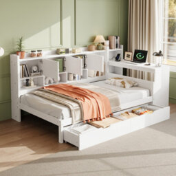 Matteo 3Ft Single Daybed With Bookcase, Storage Drawers, Integrated Desk & Charging Station - White Wood Frame - thumbnail 3