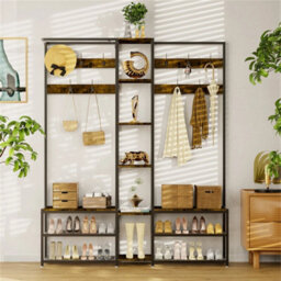 Industrial Coat Stand Rack With Hooks & Shoe Bench Free Standing Hall Tree - thumbnail 1