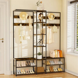 Industrial Coat Stand Rack With Hooks & Shoe Bench Free Standing Hall Tree - thumbnail 3