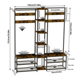 Industrial Coat Stand Rack With Hooks & Shoe Bench Free Standing Hall Tree - thumbnail 2