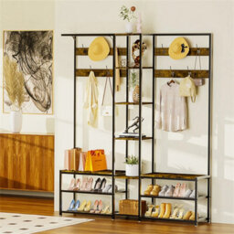 Industrial Coat Stand Rack With Hooks & Shoe Bench Free Standing Hall Tree - thumbnail 5