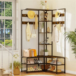 Industrial Coat Stand Rack With Hooks & Shoe Bench Free Standing Hall Tree - thumbnail 4