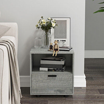 Urbn-Living Urbnliving Height 43Cm 1 Drawer Wooden Bedside Table Ash Grey Set Colour Cabinet Bedroom Furniture Storage Nightstand - image 1