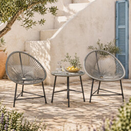 Wyld Haus Nibaco 3-Piece Outdoor Rattan Rope Bistro Set With Glass Top Table, Black Grey, 2 Seats - thumbnail 1