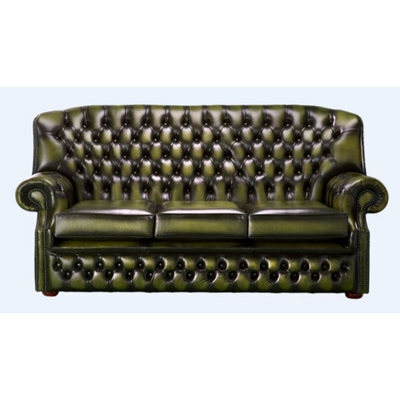 Chesterfield 3 Seater Antique Olive Green Leather Sofa Bespoke In Monks Style - image 1