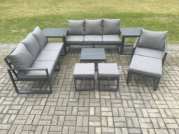 Fimous Aluminium Outdoor Lounge Sofa Set Garden Furniture Sets With Square Coffee Table Chair 3 Footstools 2 Side Tables - thumbnail 1