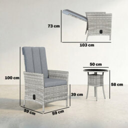Outsunny Rattan Bistro Set, Reclining Garden Chairs And Table, Light Grey - thumbnail 3
