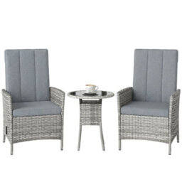 Outsunny Rattan Bistro Set, Reclining Garden Chairs And Table, Light Grey - thumbnail 2