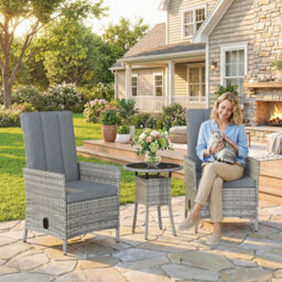 Outsunny Rattan Bistro Set, Reclining Garden Chairs And Table, Light Grey - thumbnail 1