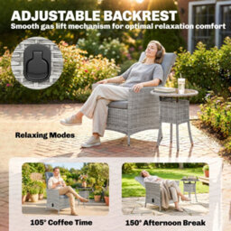 Outsunny Rattan Bistro Set, Reclining Garden Chairs And Table, Light Grey - thumbnail 4
