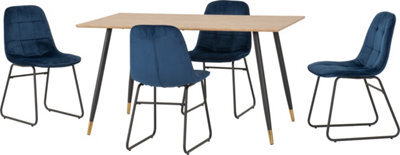 Seconique Hamilton Dining Set With 4 Lukas Chairs Medium Oak Effect Blue Velvet Chairs - image 1