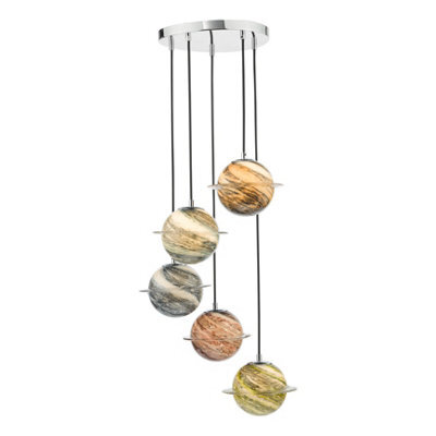 DAR Cygnus 5 Light Cluster Pendant Polished Chrome And Planet Style Glass - image 1
