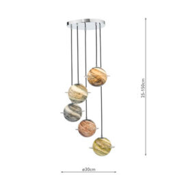 DAR Cygnus 5 Light Cluster Pendant Polished Chrome And Planet Style Glass - thumbnail 4