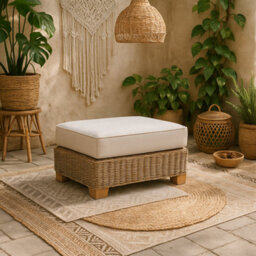 Wyld Haus Sorrento Outdoor Cream Rattan Wicker Footstool With Padded Cushion