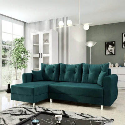 Zako L Corner Sofa Bed With Storage Reversible Left Right Chaise Compact Pull Out Guest Bed Turquoise - image 1