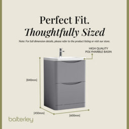 Balterley Dunwood Floor Standing 2 Drawer Bathroom Vanity Unit & Polymarble Basin, Satin Grey, 550mm - thumbnail 5