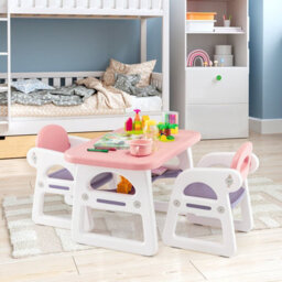 Costway 3 Pcs Kids Table & Chairs Set Children Toddler Activity Desk Set W/ Storage Rack