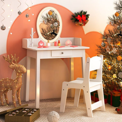 Costway Kids Vanity Set W/ Lighted Mirror Makeup Dressing Table W/ Chair - image 1