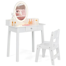 Costway Kids Vanity Set W/ Lighted Mirror Makeup Dressing Table W/ Chair - thumbnail 2