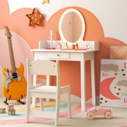 Costway Kids Vanity Set W/ Lighted Mirror Makeup Dressing Table W/ Chair - thumbnail 4