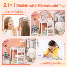Costway Kids Vanity Set W/ Lighted Mirror Makeup Dressing Table W/ Chair - thumbnail 9